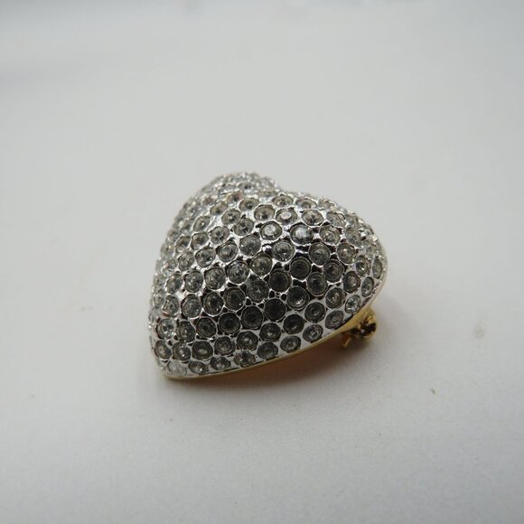 Vintage Heart Brooch Pave Rhinestone Puff Gold Tone Back Pendant - Picture 7 of 9